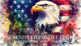 Bald eagle with American flag background and watercolor splashes with Serenity Living Life LLC text overlay